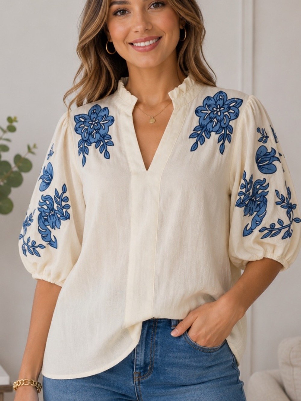 Embroidered Cream Shirt with Blue Floral Accents M